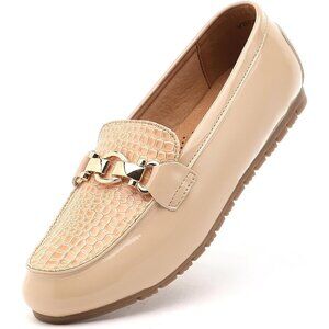 Womens Nude-beige Faux Leather On Comfort Chunky Heel Lug Sole Loafers Shoes